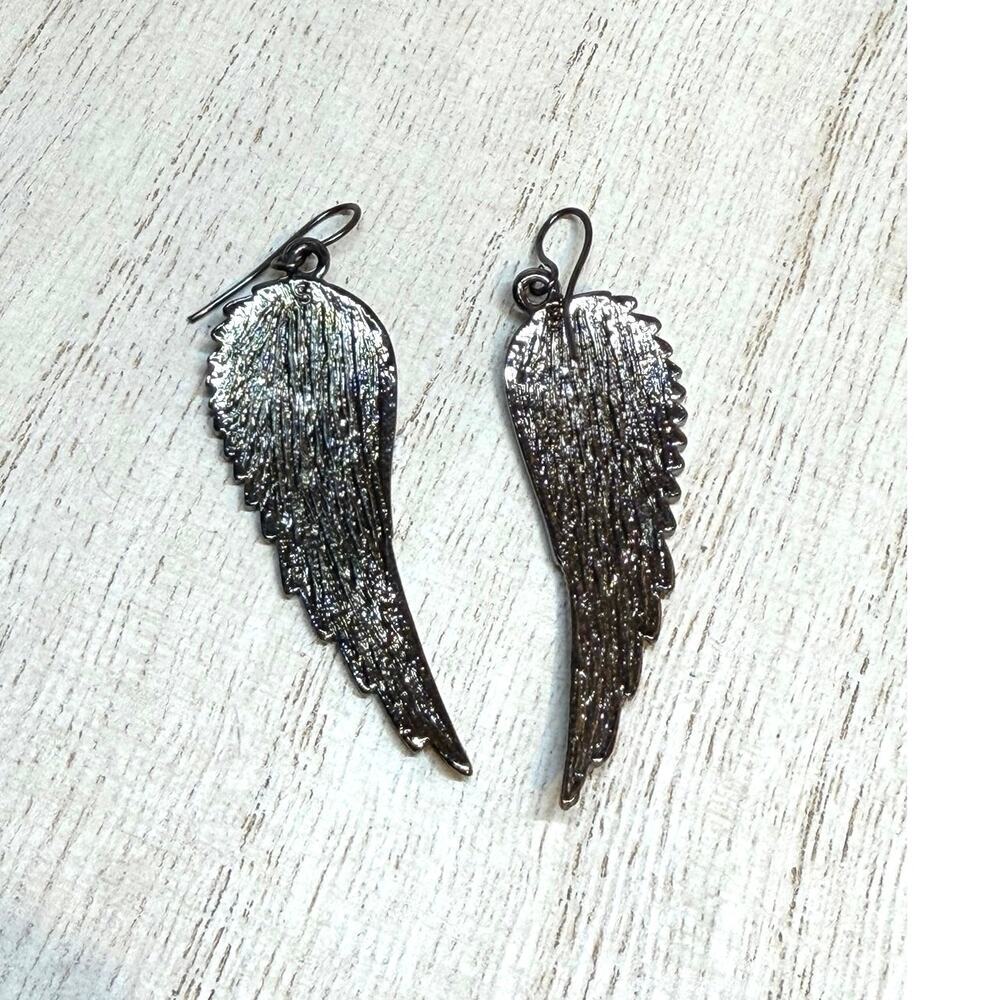 Gunmetal Iridescent Angel Wing Dangle Earrings – Edgy Glam - Picture 2 of 2